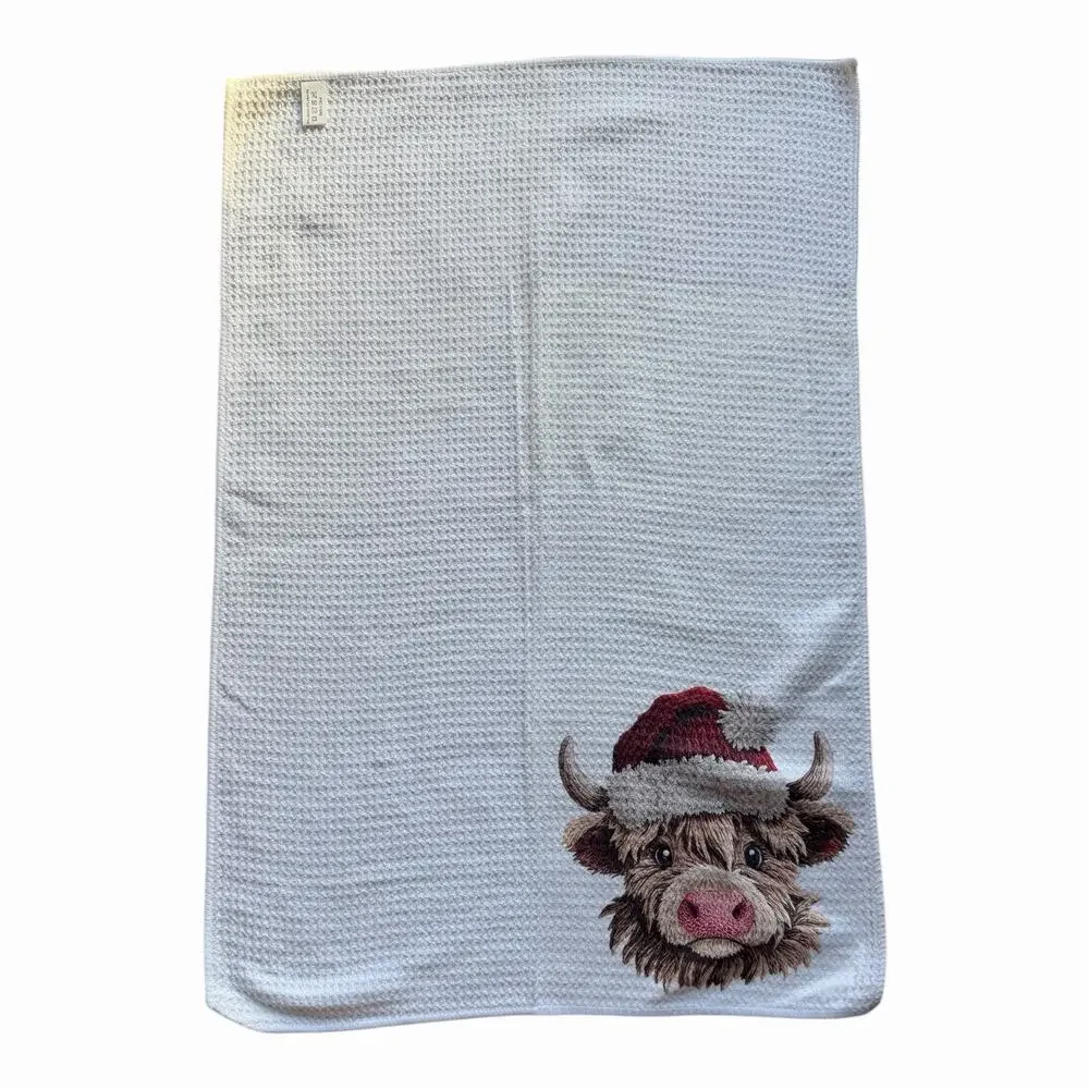 Vintage Christmas Highland Cow Kitchen Towel Waffle Weave Holiday Hostess Gift
